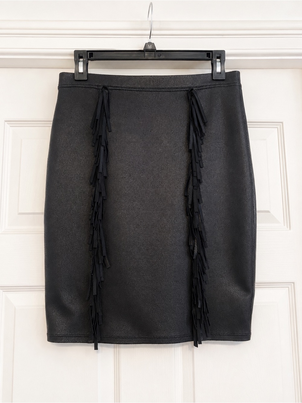 Hale Bob Black Faux Leather Pencil Skirt with Vertical Fringe